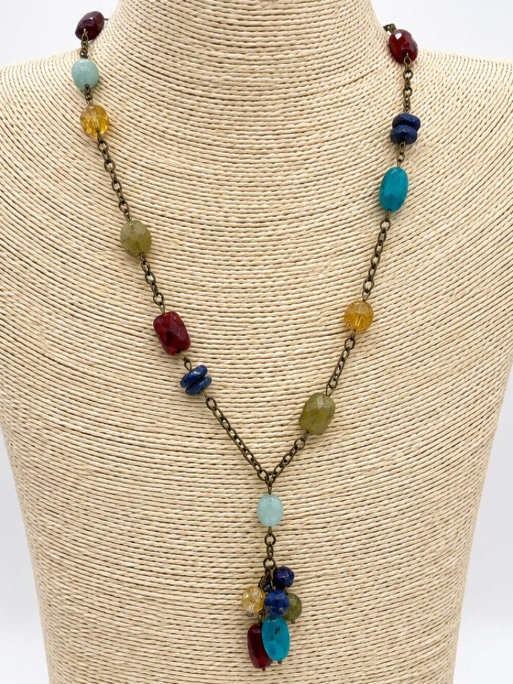 Colorful Beaded Y Necklace Bronze Tone Multi Stone Boho Statement Necklace